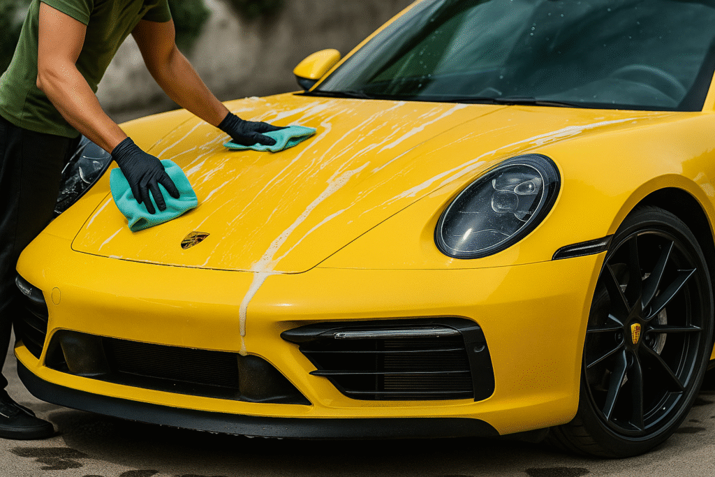 Home A yellow porsche 911 cleaning